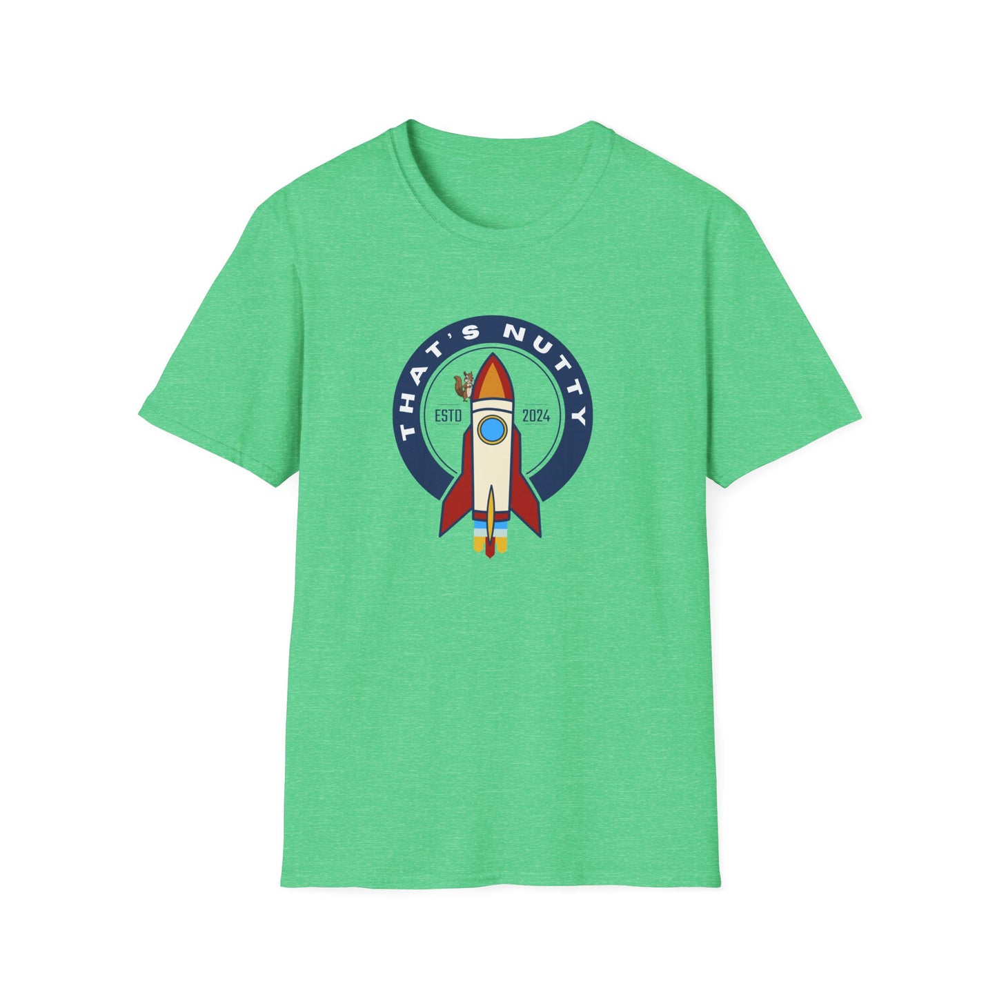 Green Printify t-shirt with a colorful rocket ship tee graphic and That’s Nutty text