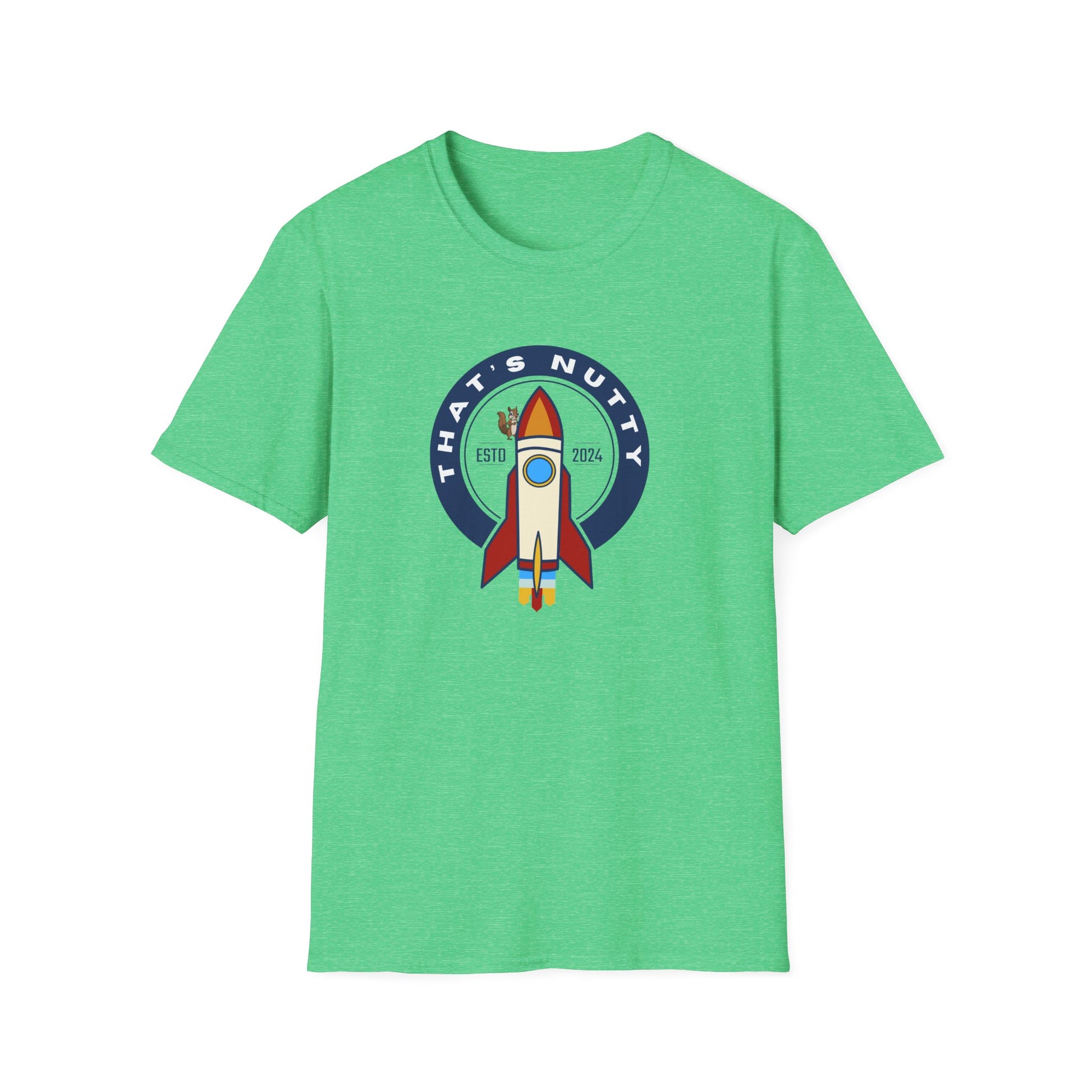 Green Printify t-shirt with a colorful rocket ship tee graphic and That’s Nutty text