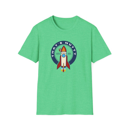 Green Printify t-shirt with a colorful rocket ship tee graphic and That’s Nutty text