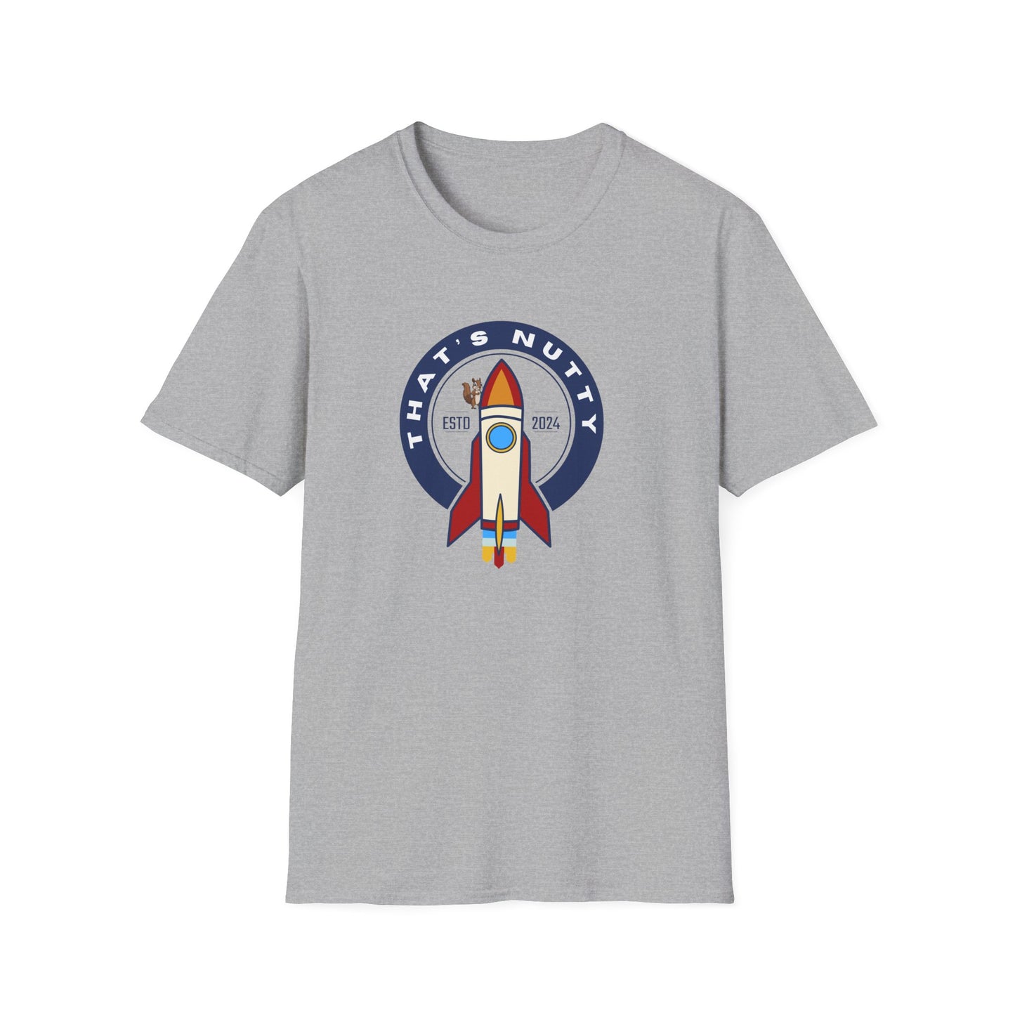 Grey Printify rocket ship tee with colorful rocket graphic and That's Nutty text design