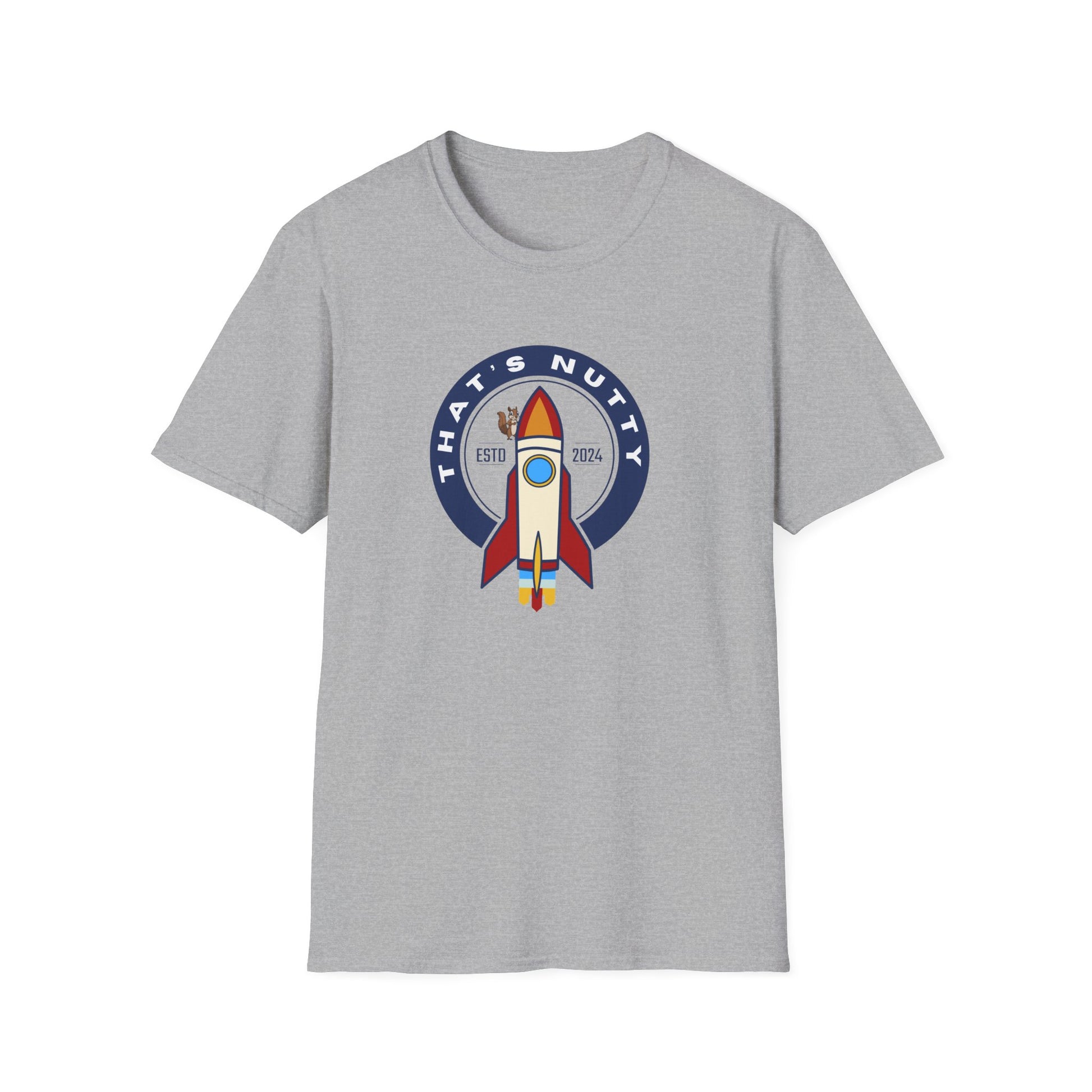 Grey Printify rocket ship tee with colorful rocket graphic and That's Nutty text design