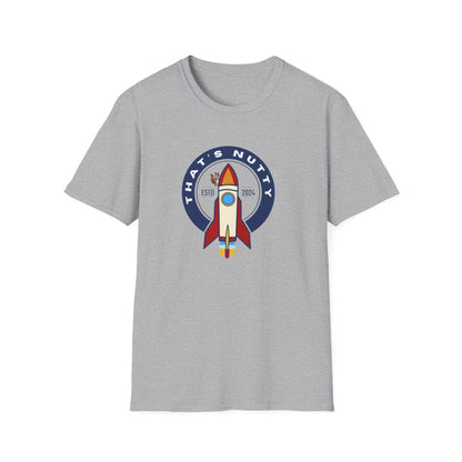 Grey Printify rocket ship tee with colorful rocket graphic and That's Nutty text design