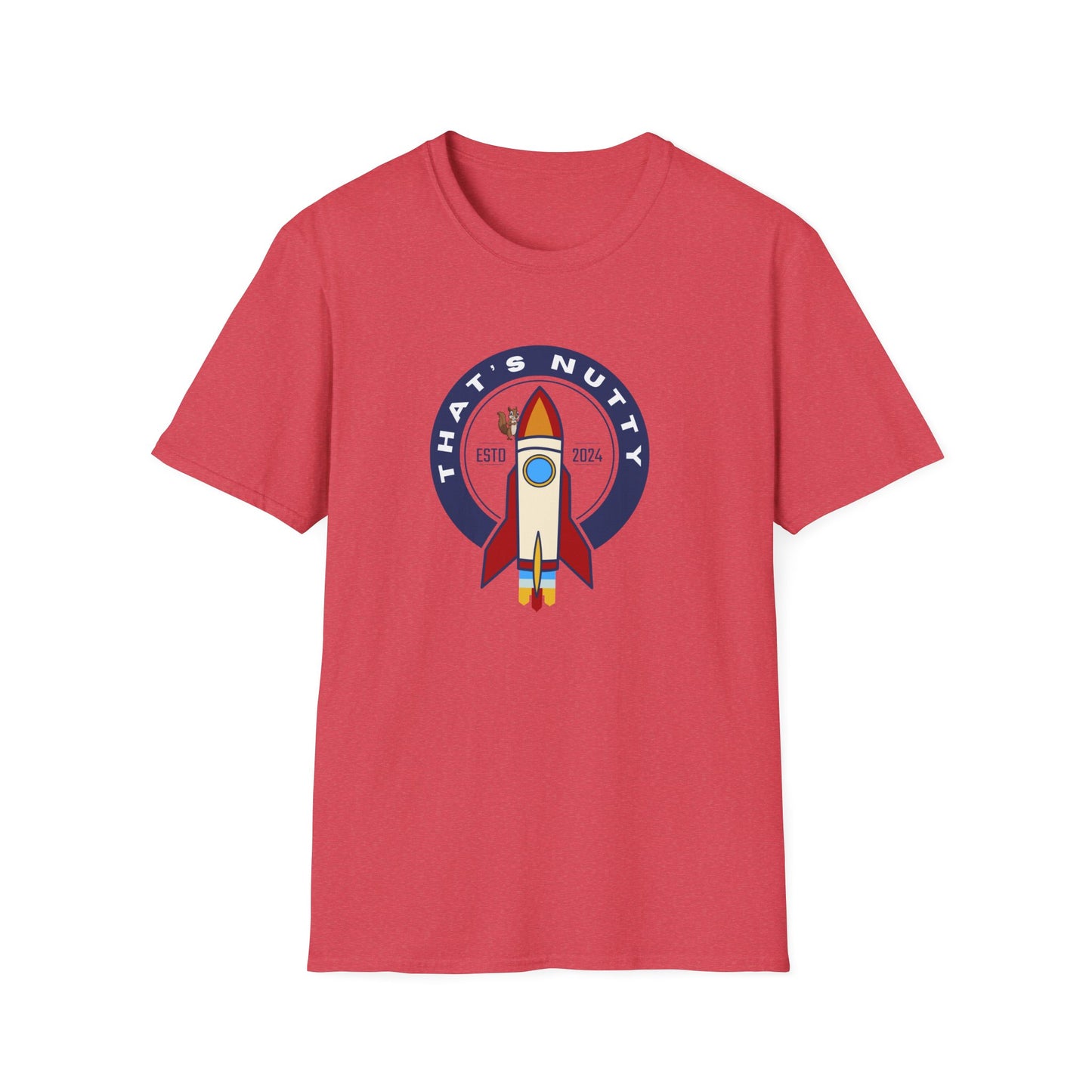 Red Printify t-shirt with rocket ship tee graphic and Thats Nutty text design