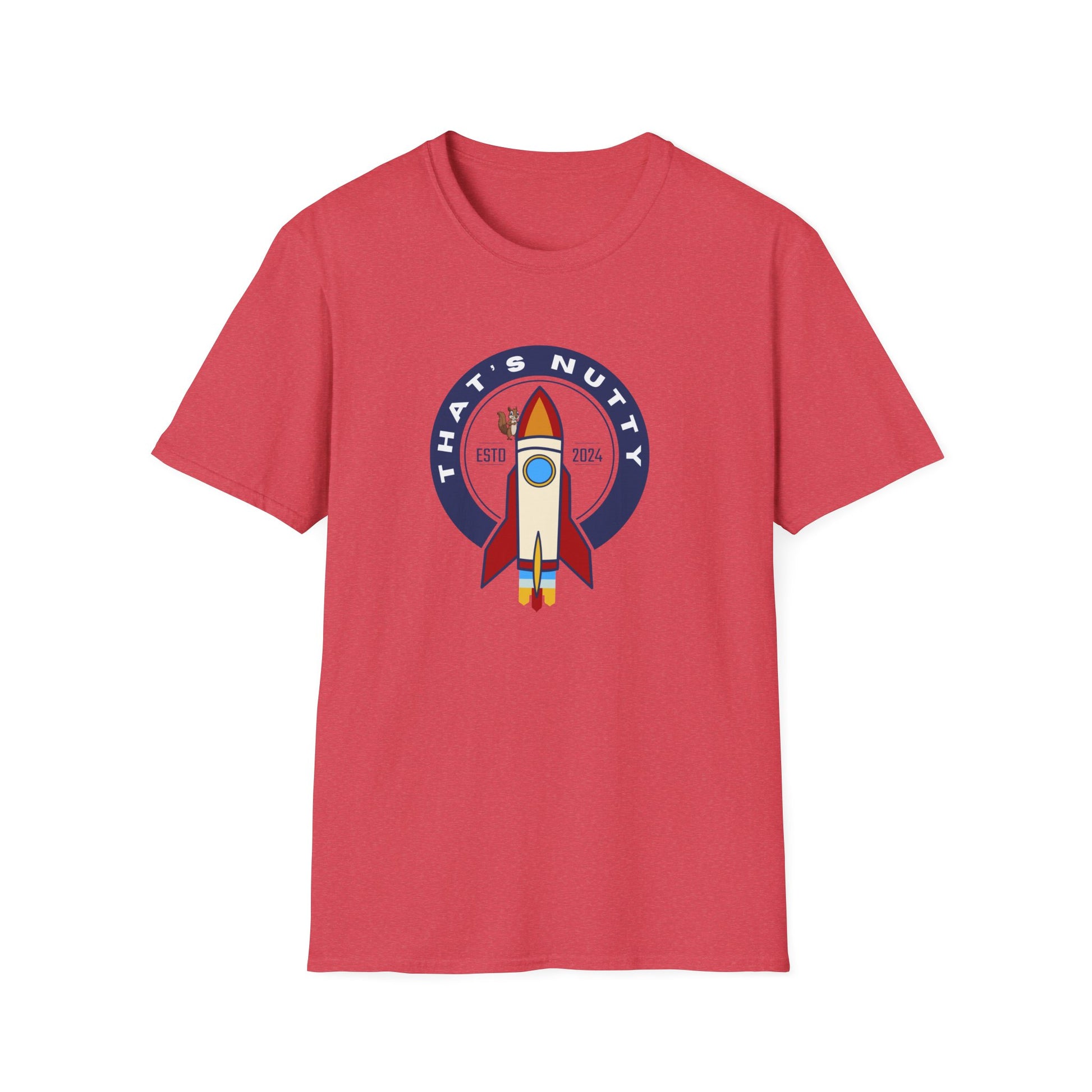 Red Printify t-shirt with rocket ship tee graphic and Thats Nutty text design