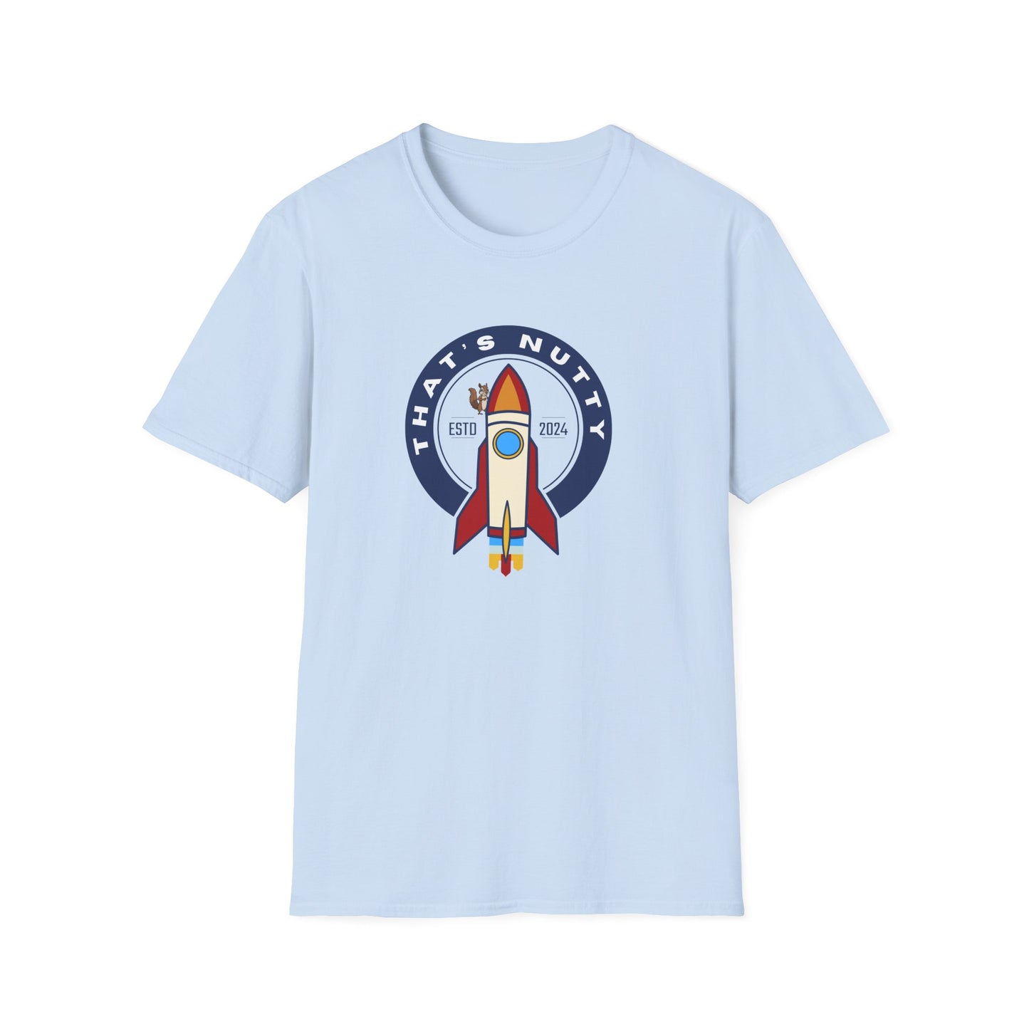 Light blue Printify t-shirt featuring a colorful rocket ship design with That's Nutty text rocket ship tee