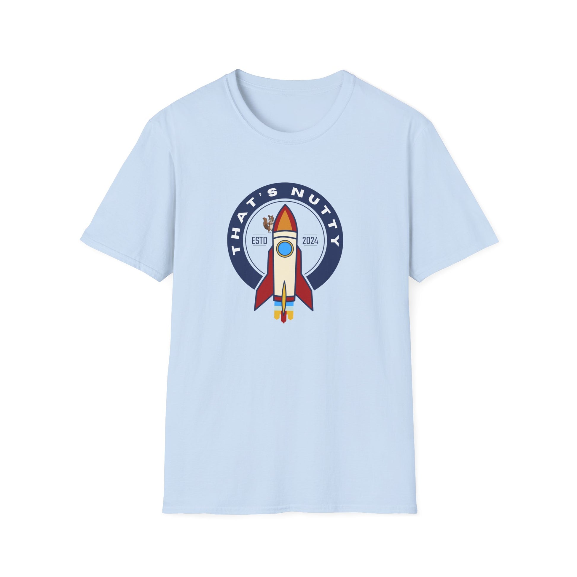 Light blue Printify t-shirt featuring a colorful rocket ship design with That's Nutty text rocket ship tee