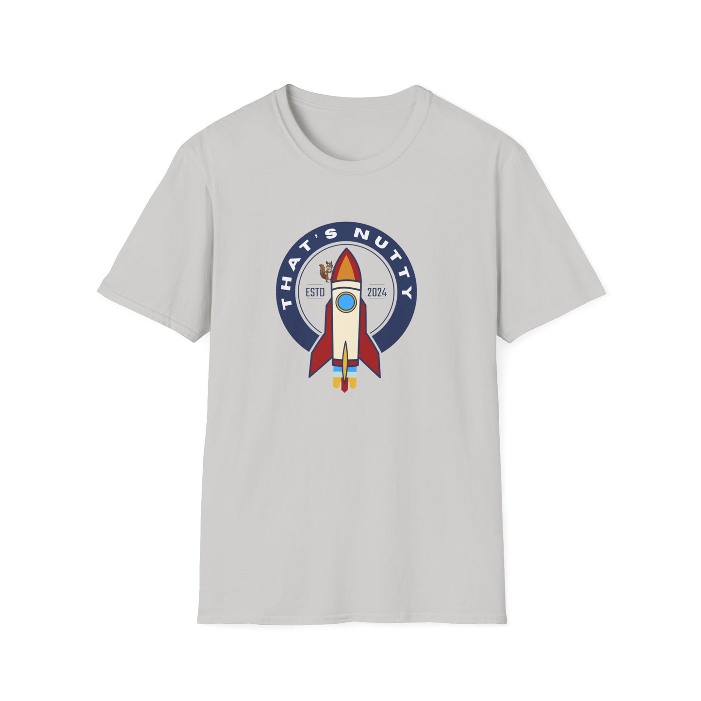 Light gray Printify T-shirt with rocket ship tee graphic and text that's nutty design