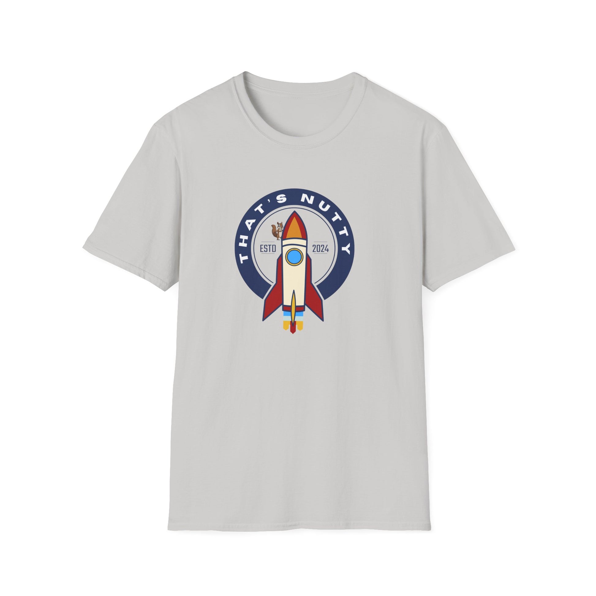Light gray Printify T-shirt with rocket ship tee graphic and text that's nutty design