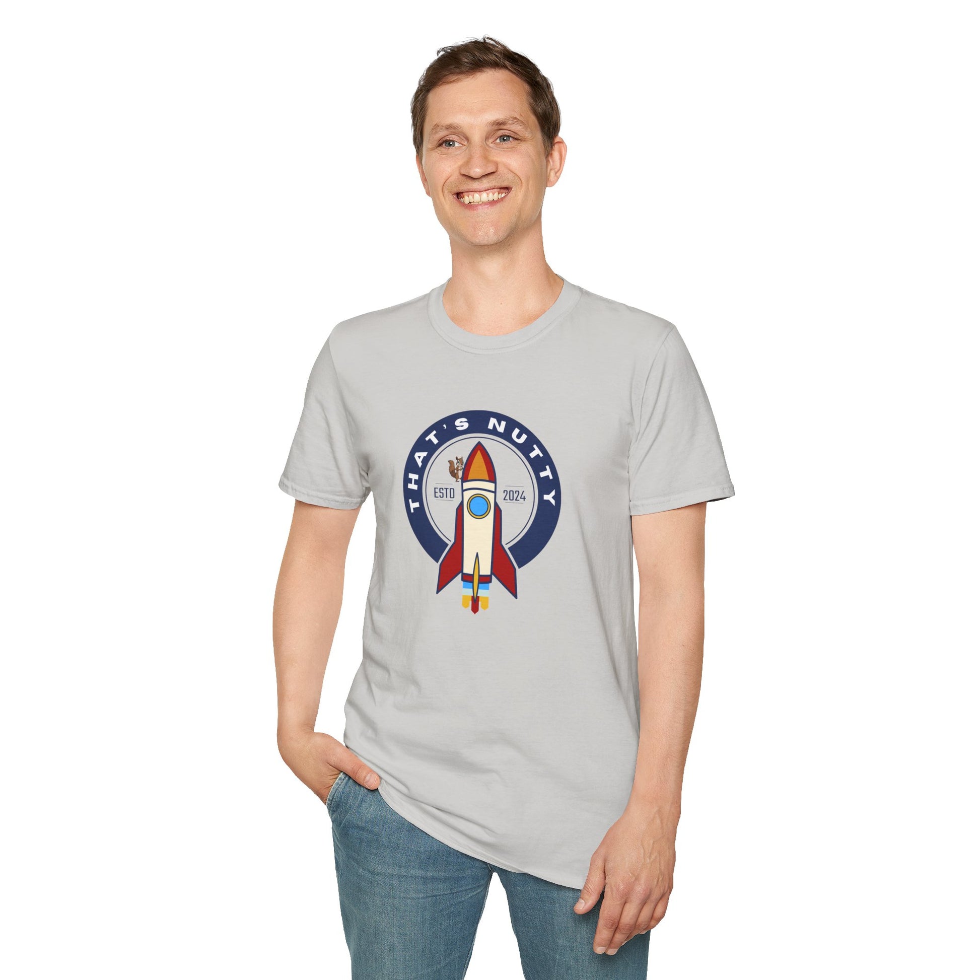 Printify rocket ship tee with colorful rocket graphic and blue circular text on light gray shirt