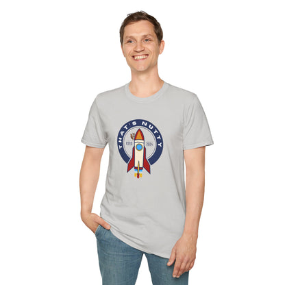 Printify rocket ship tee with colorful rocket graphic and blue circular text on light gray shirt