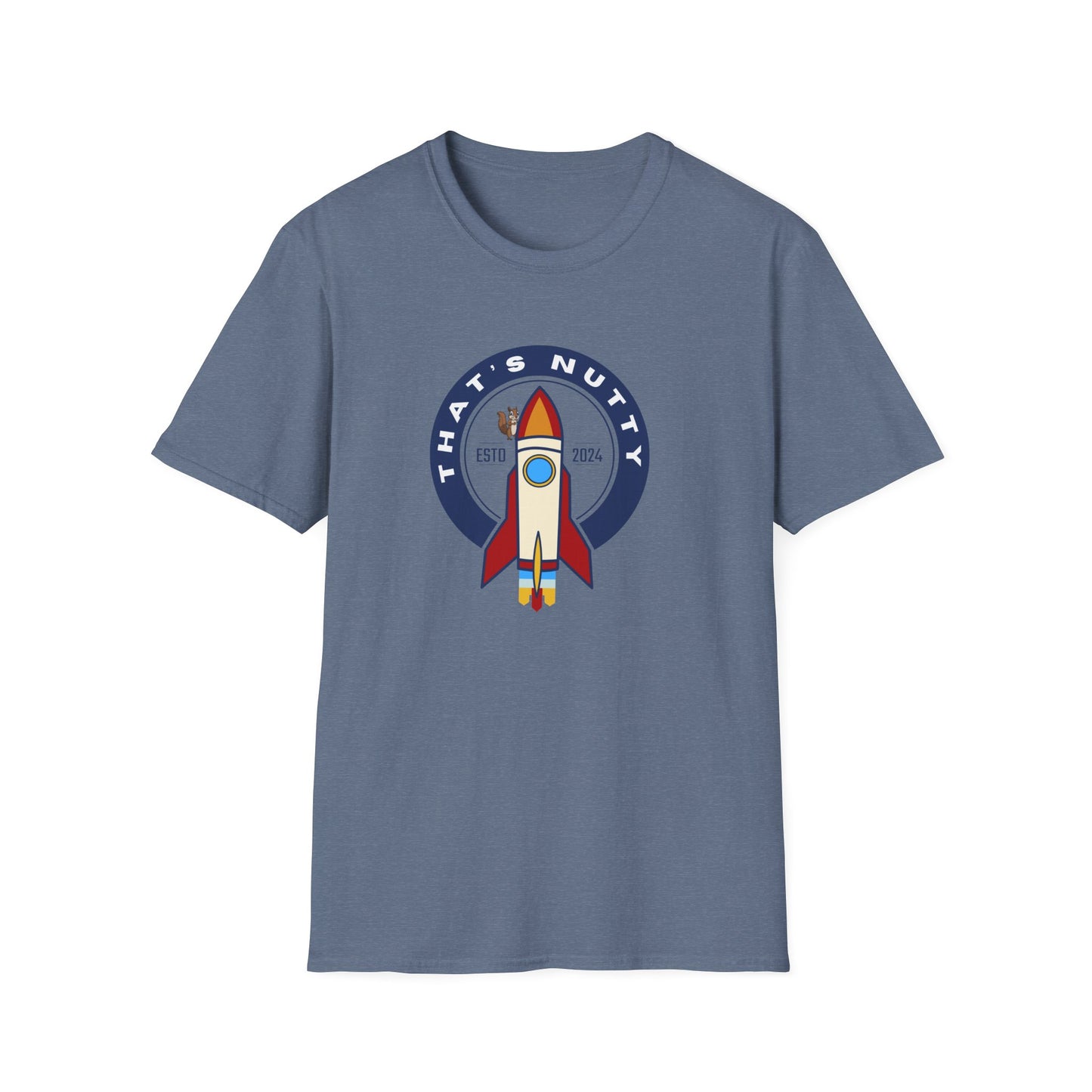Printify blue rocket ship tee with retro rocket graphic and that’s nutty text design