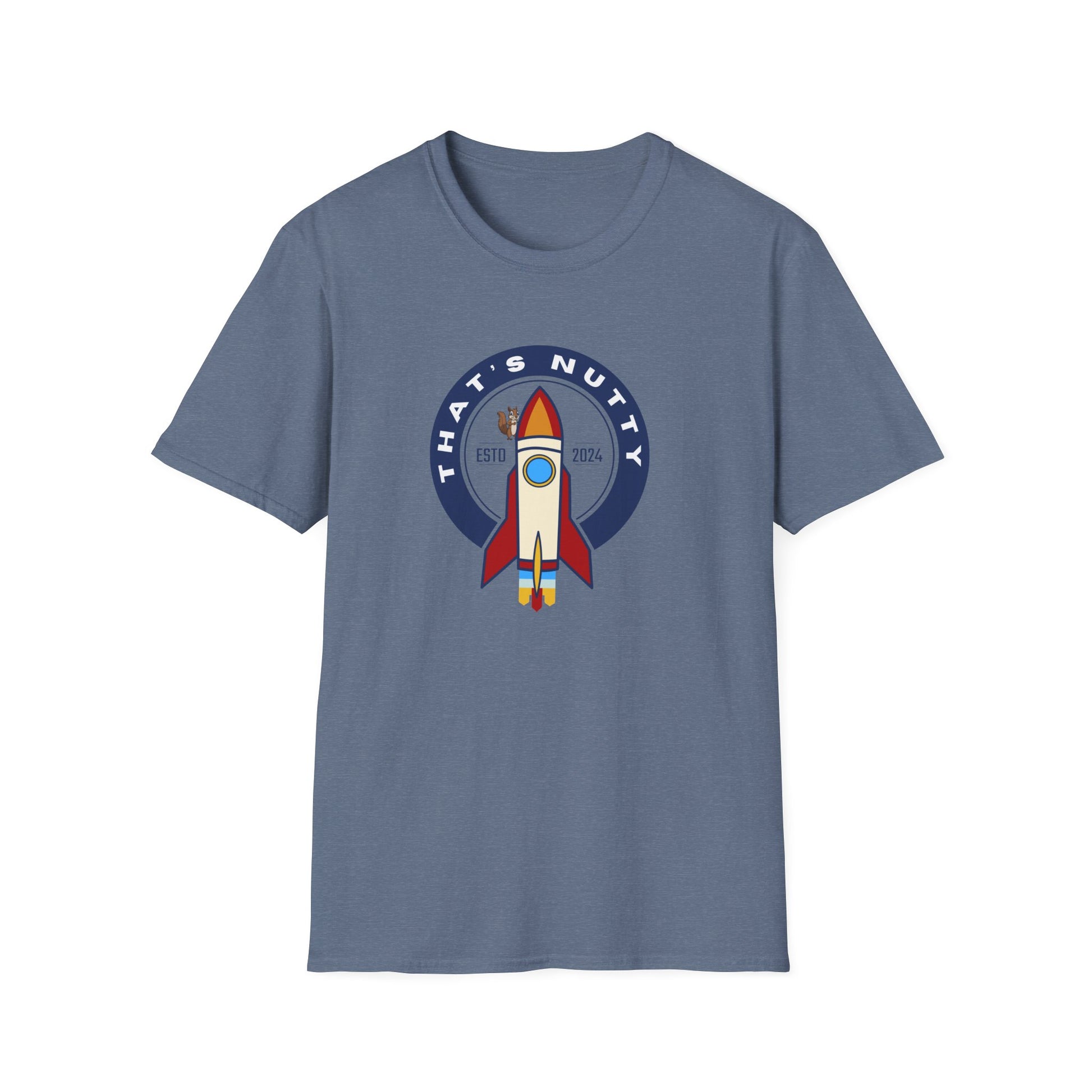 Printify blue rocket ship tee with retro rocket graphic and that’s nutty text design