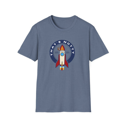 Printify blue rocket ship tee with retro rocket graphic and that’s nutty text design