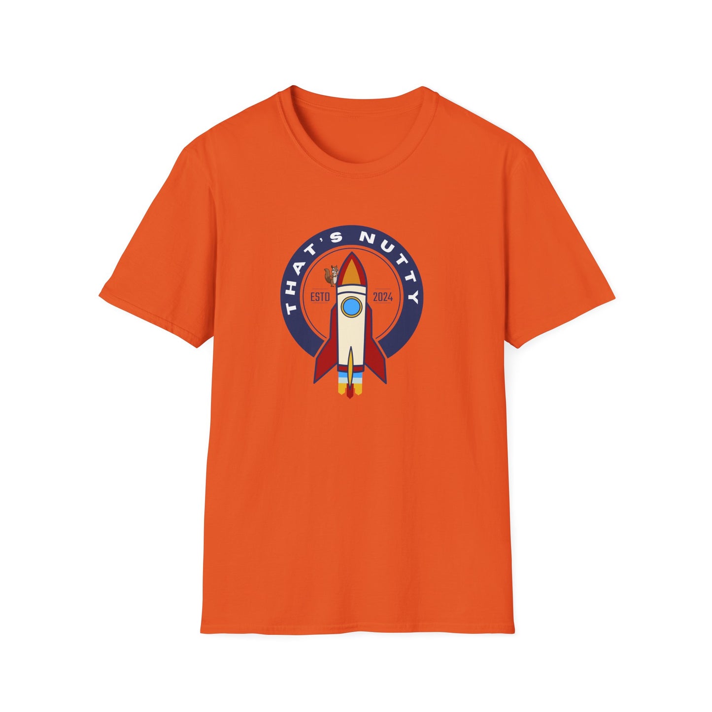 Orange Printify t-shirt with a rocket ship tee graphic and that’s nutty slogan