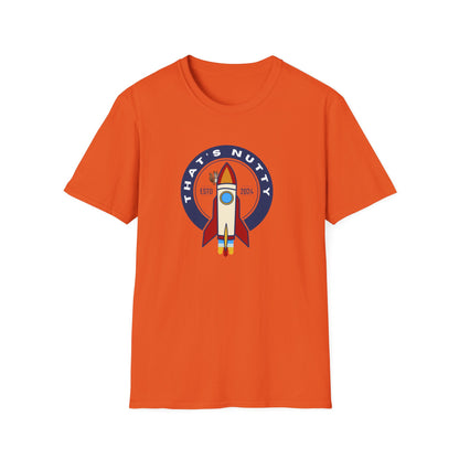 Orange Printify t-shirt with a rocket ship tee graphic and that’s nutty slogan