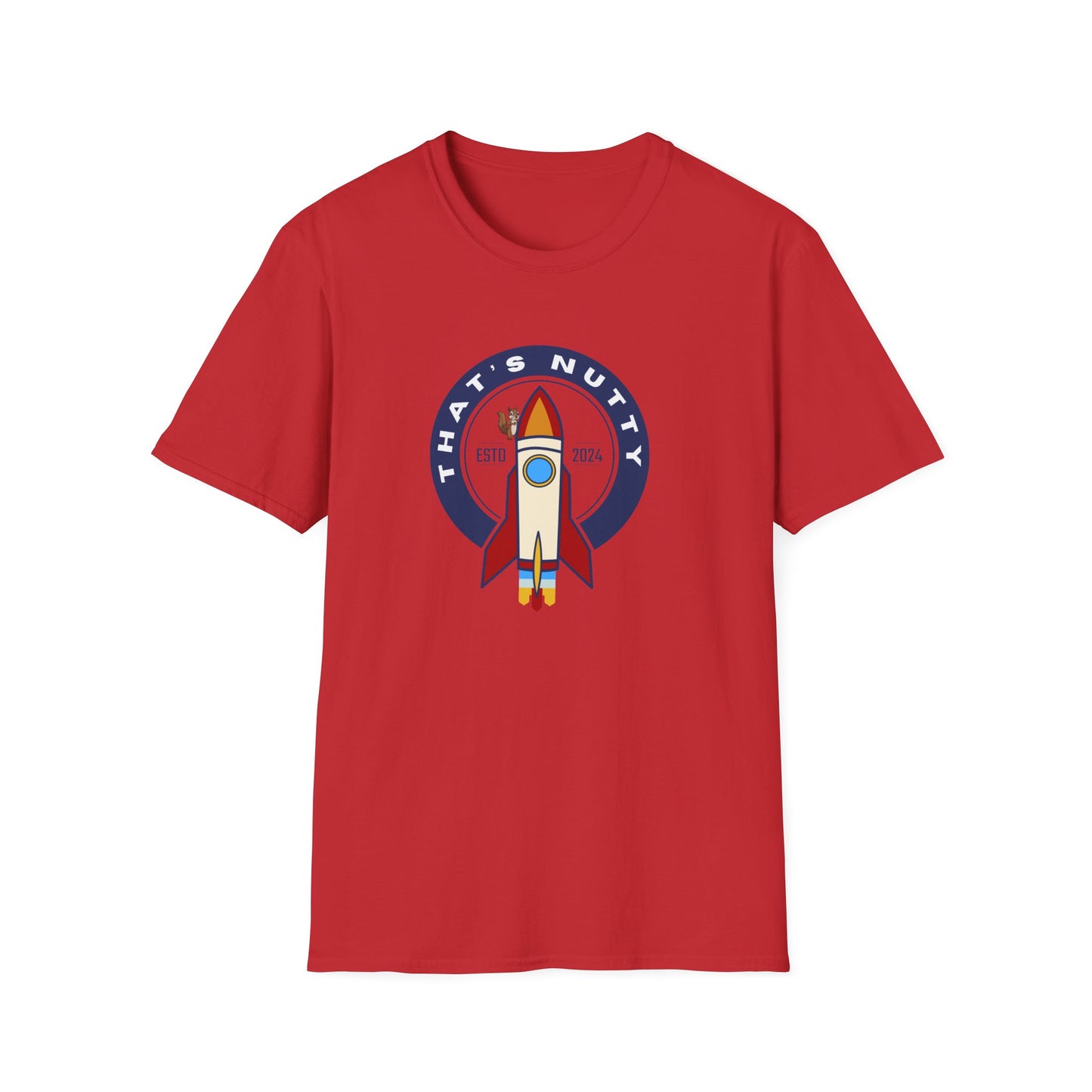 Red Printify T-shirt featuring a colorful rocket ship tee graphic with That’s Nutty design