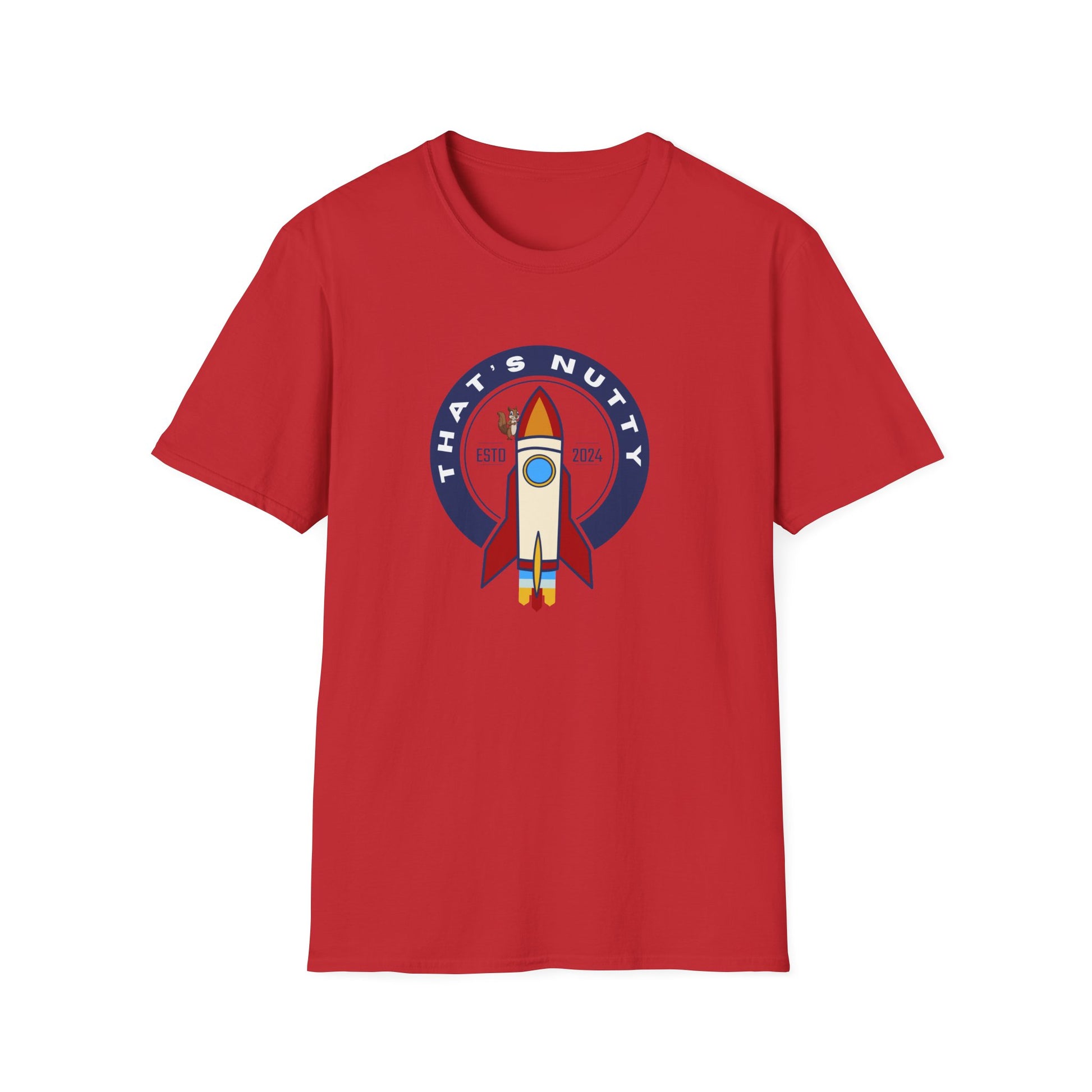 Red Printify T-shirt featuring a colorful rocket ship tee graphic with That’s Nutty design