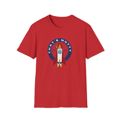 Red Printify T-shirt featuring a colorful rocket ship tee graphic with That’s Nutty design
