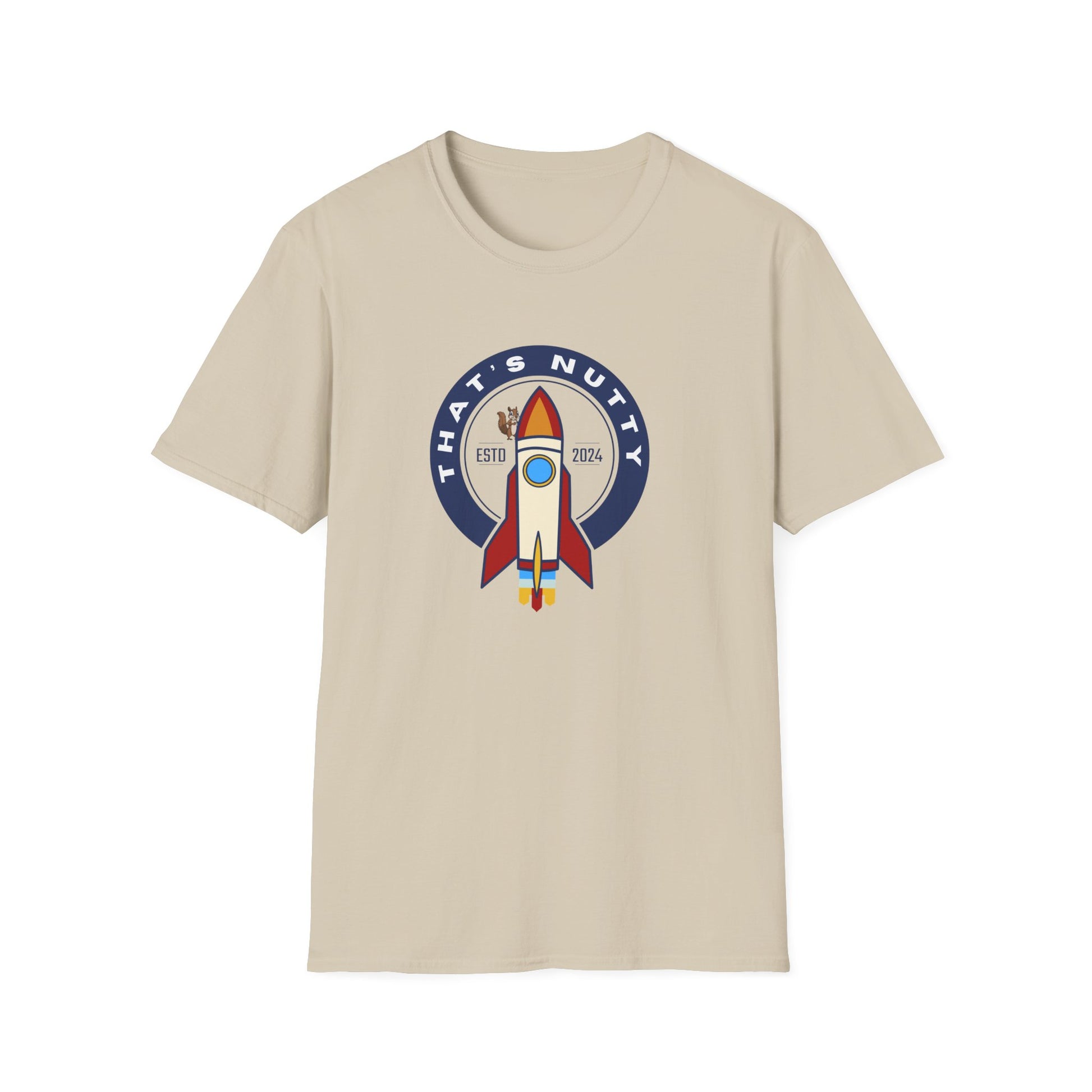 Beige Printify t-shirt featuring a colorful rocket ship tee design with retro style text