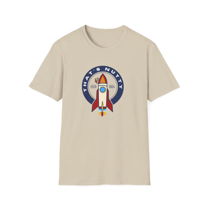 Beige Printify t-shirt featuring a colorful rocket ship tee design with retro style text