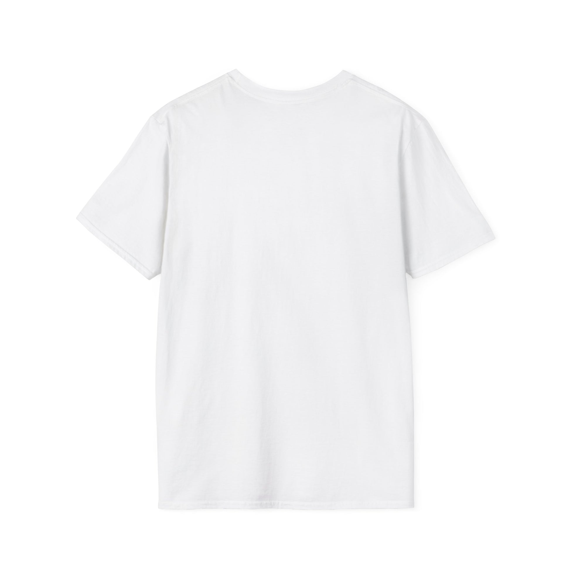 Plain white rocket ship tee T-shirt from Printify showing the back side with short sleeves