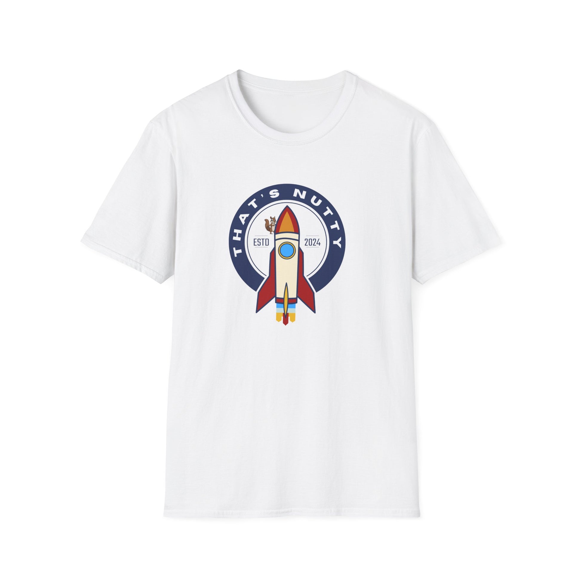 White Printify t-shirt with colorful rocket ship tee design and Thats Nutty text graphic
