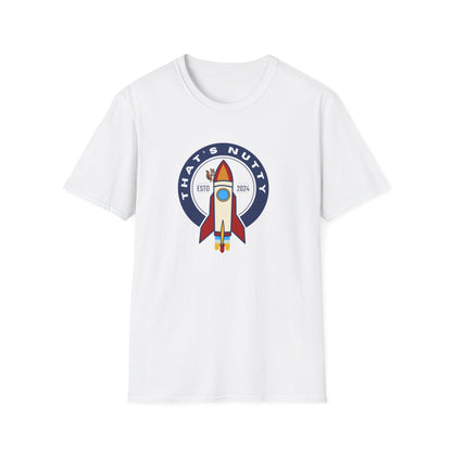 White Printify t-shirt with colorful rocket ship tee design and Thats Nutty text graphic
