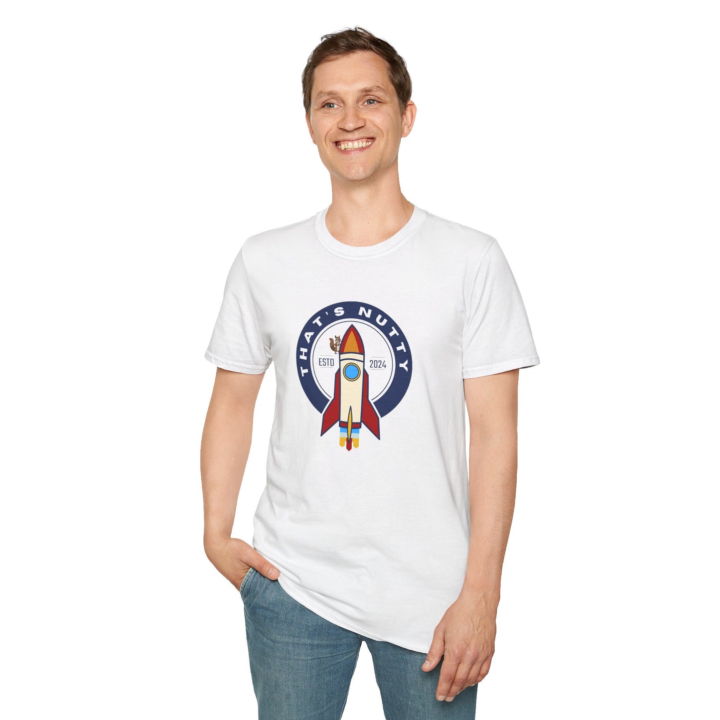 White Printify t-shirt with colorful rocket ship design and that's nuts text rocket ship tee