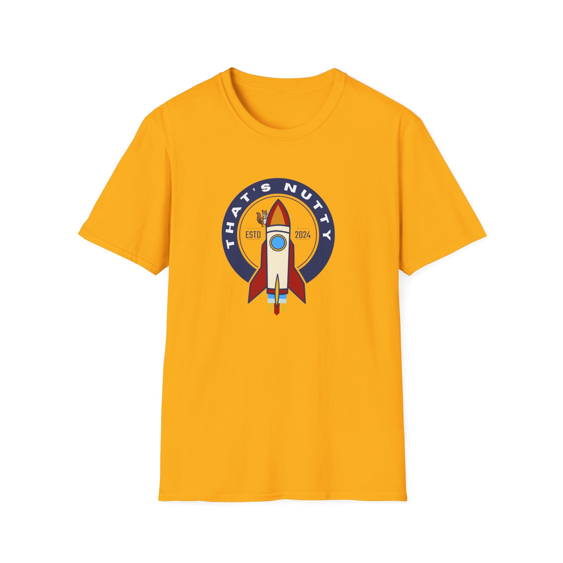 Yellow Printify t-shirt with a retro rocket ship tee design and That’s Nutty text