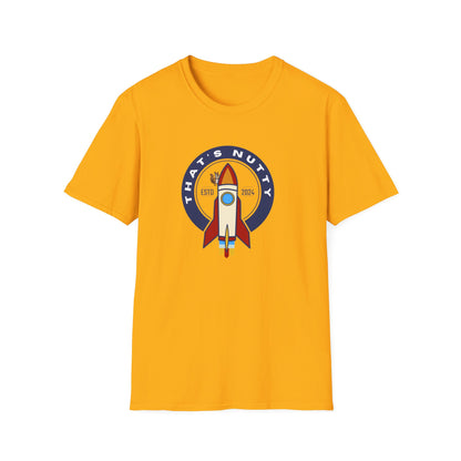 Yellow Printify t-shirt with a retro rocket ship tee design and That’s Nutty text