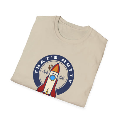 Beige Printify t-shirt with colorful rocket ship tee graphic and text that's nutty