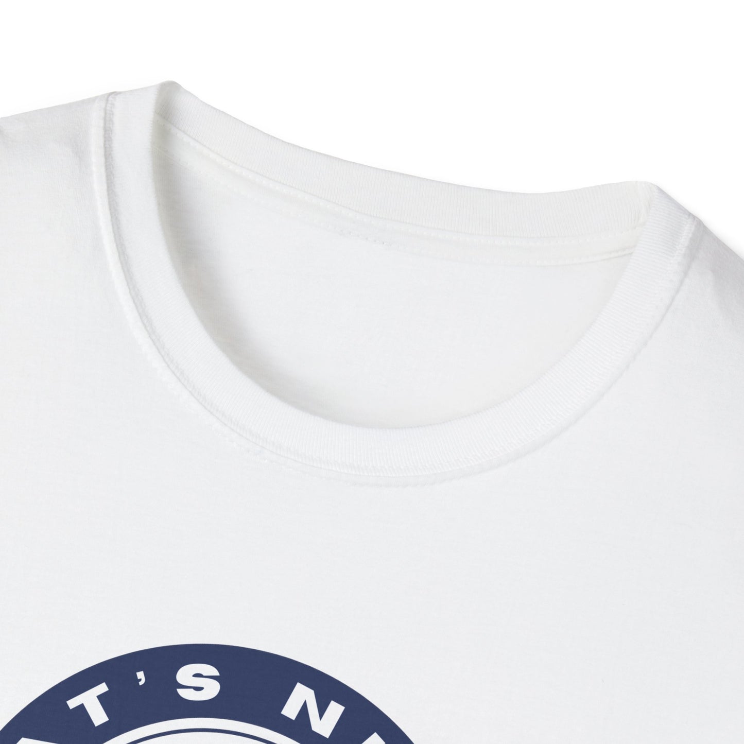 Close-up of white Printify rocket ship tee showing round neckline and partial graphic design