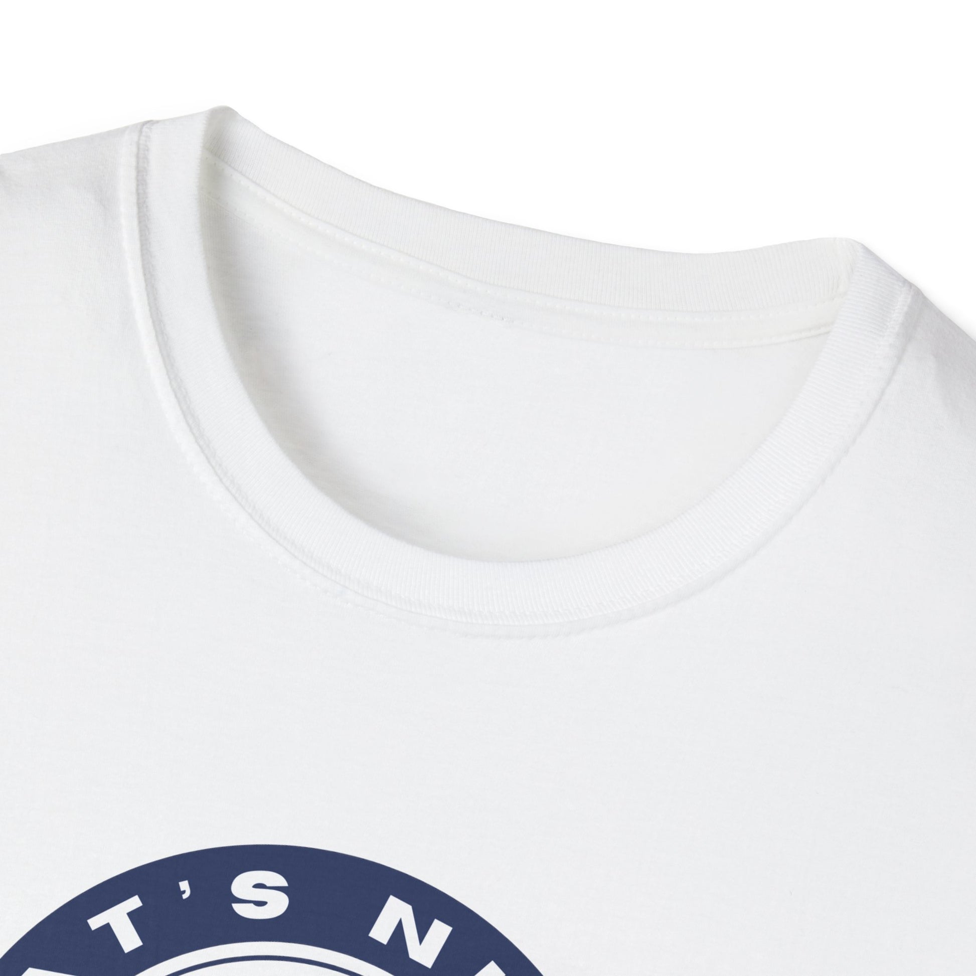 Close-up of white Printify rocket ship tee showing round neckline and partial graphic design