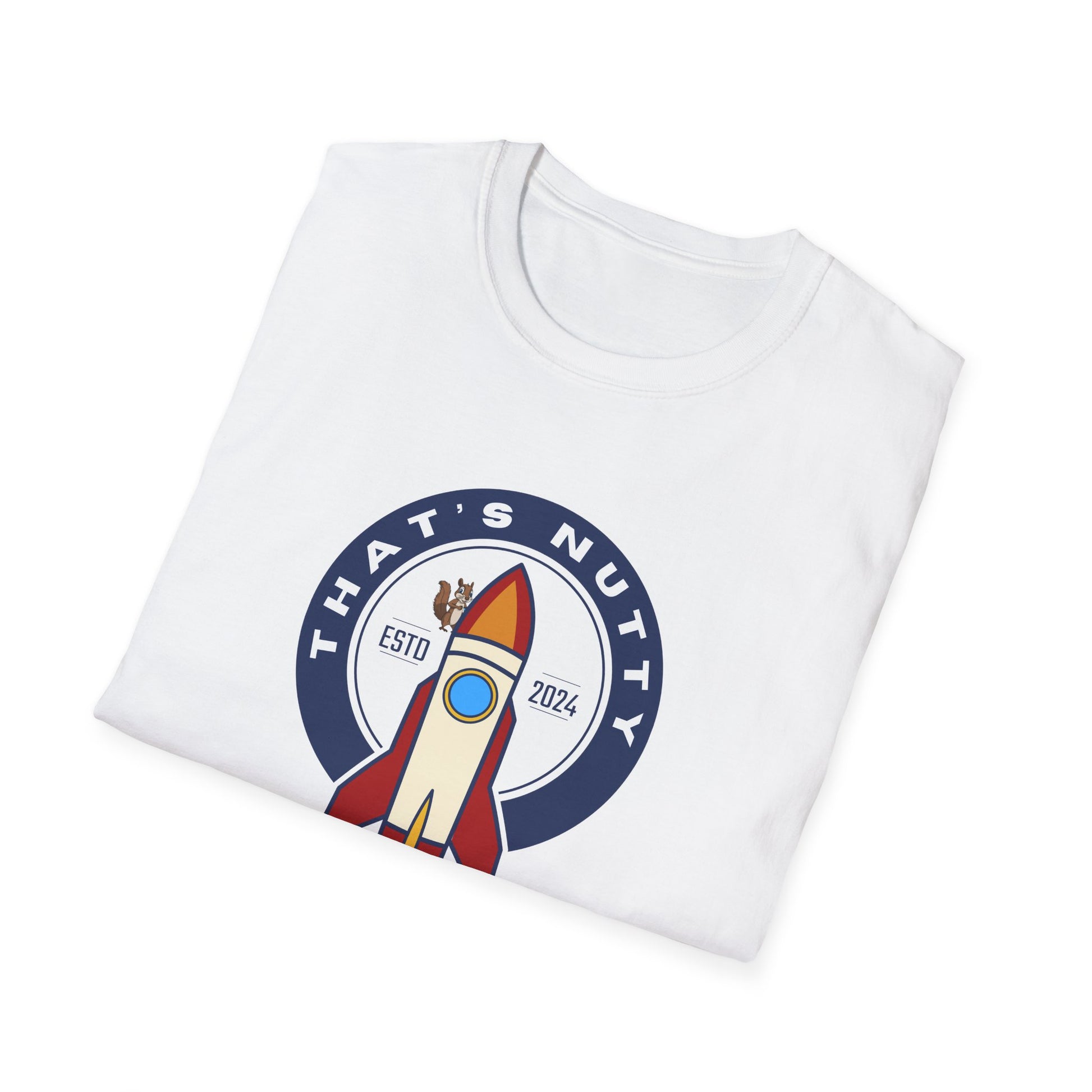 White rocket ship tee with colorful rocket and Thats Nutty text by Printify
