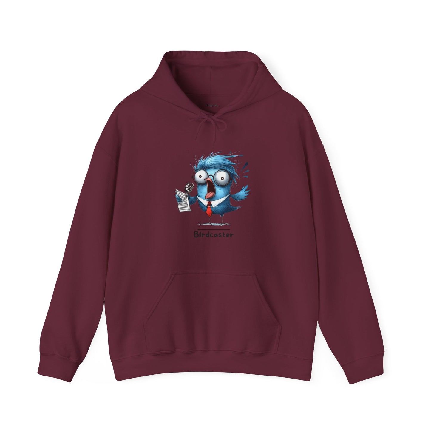 Maroon Printify funny bird hoodie featuring a cartoon blue bird with microphone and newspaper