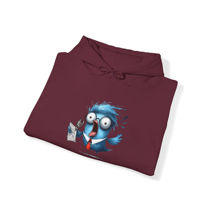 Maroon funny bird hoodie by Printify featuring a cartoon blue bird holding a microphone and paper
