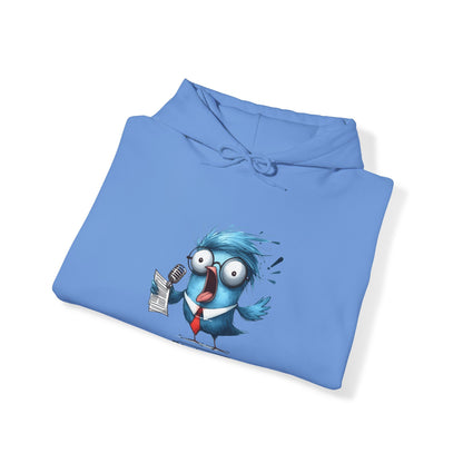 Blue Printify funny bird hoodie featuring cartoon bird with microphone and news paper