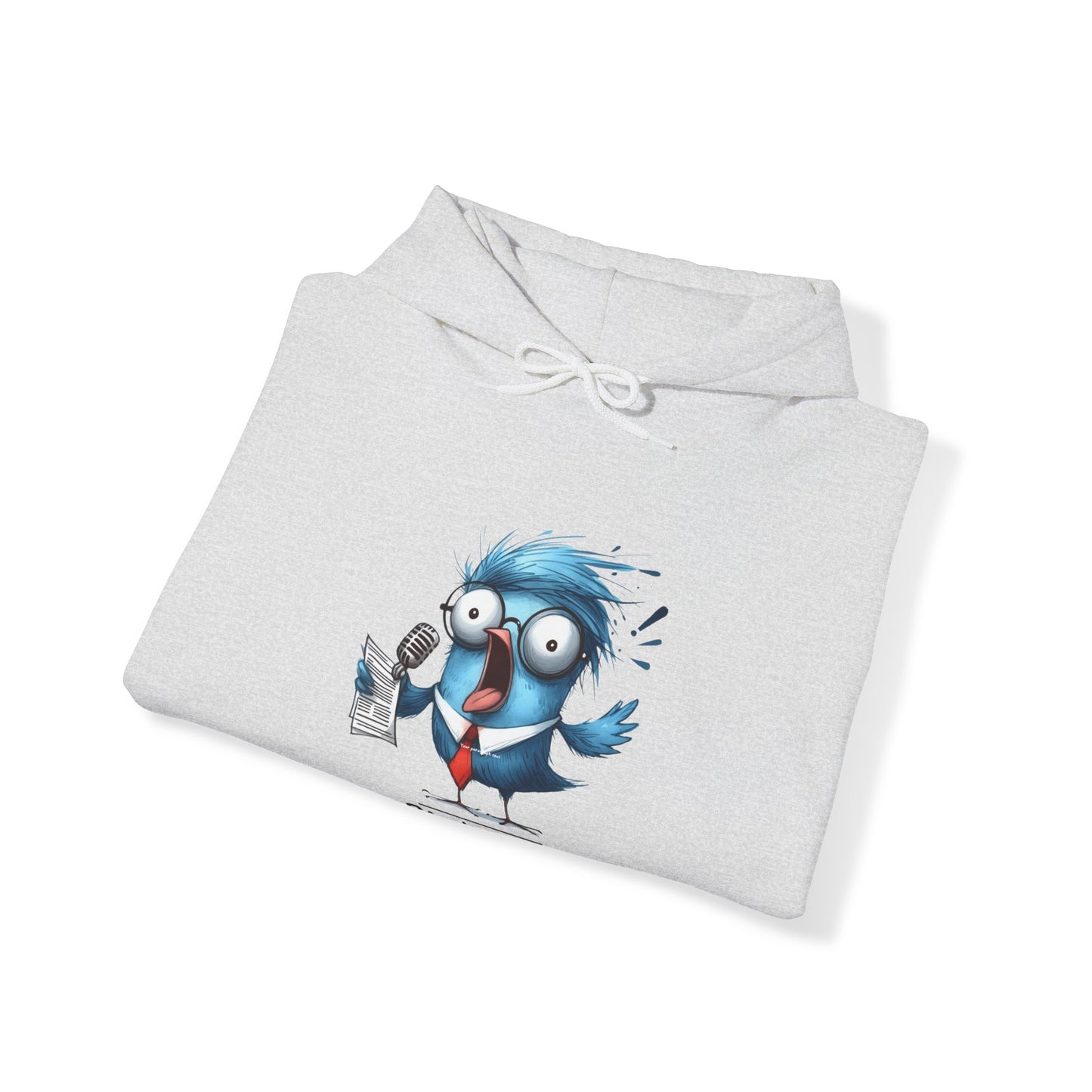 Printify funny bird hoodie with a cartoon blue bird holding a microphone and paper on light gray fabric