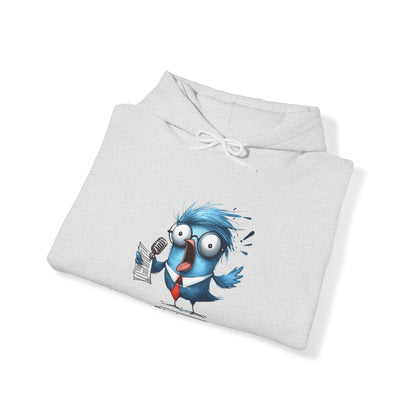 Printify funny bird hoodie with a cartoon blue bird holding a microphone and paper on light gray fabric