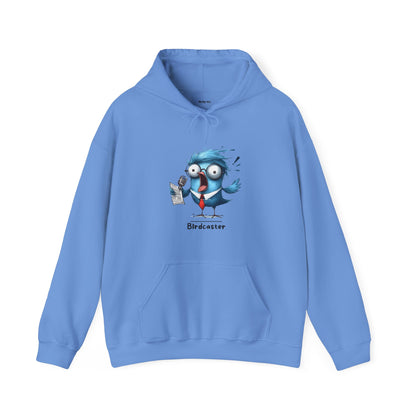 Light blue funny bird hoodie with cartoon bird holding microphone and birdcaster text