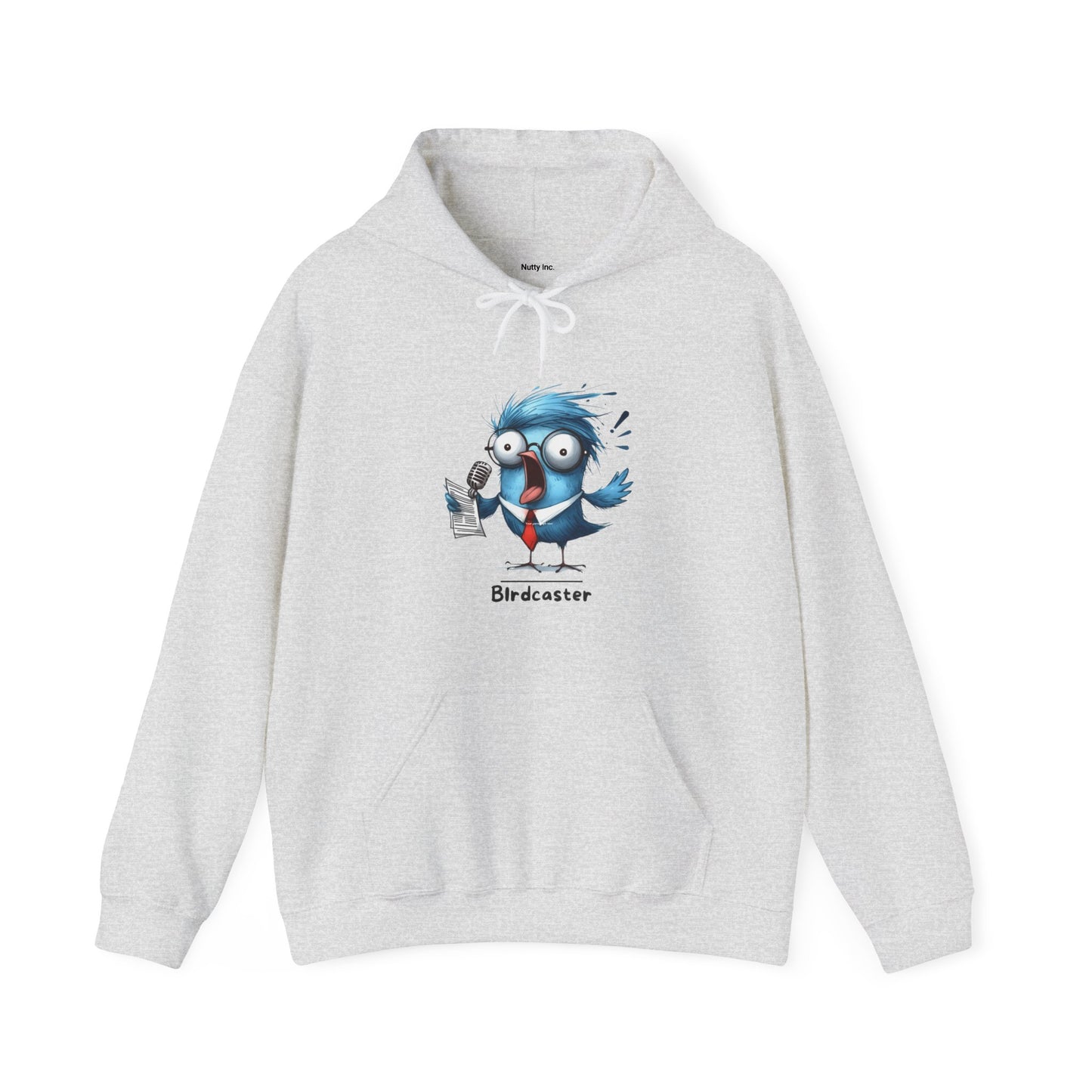 Printify funny bird hoodie in light gray with cartoon blue bird graphic holding a microphone