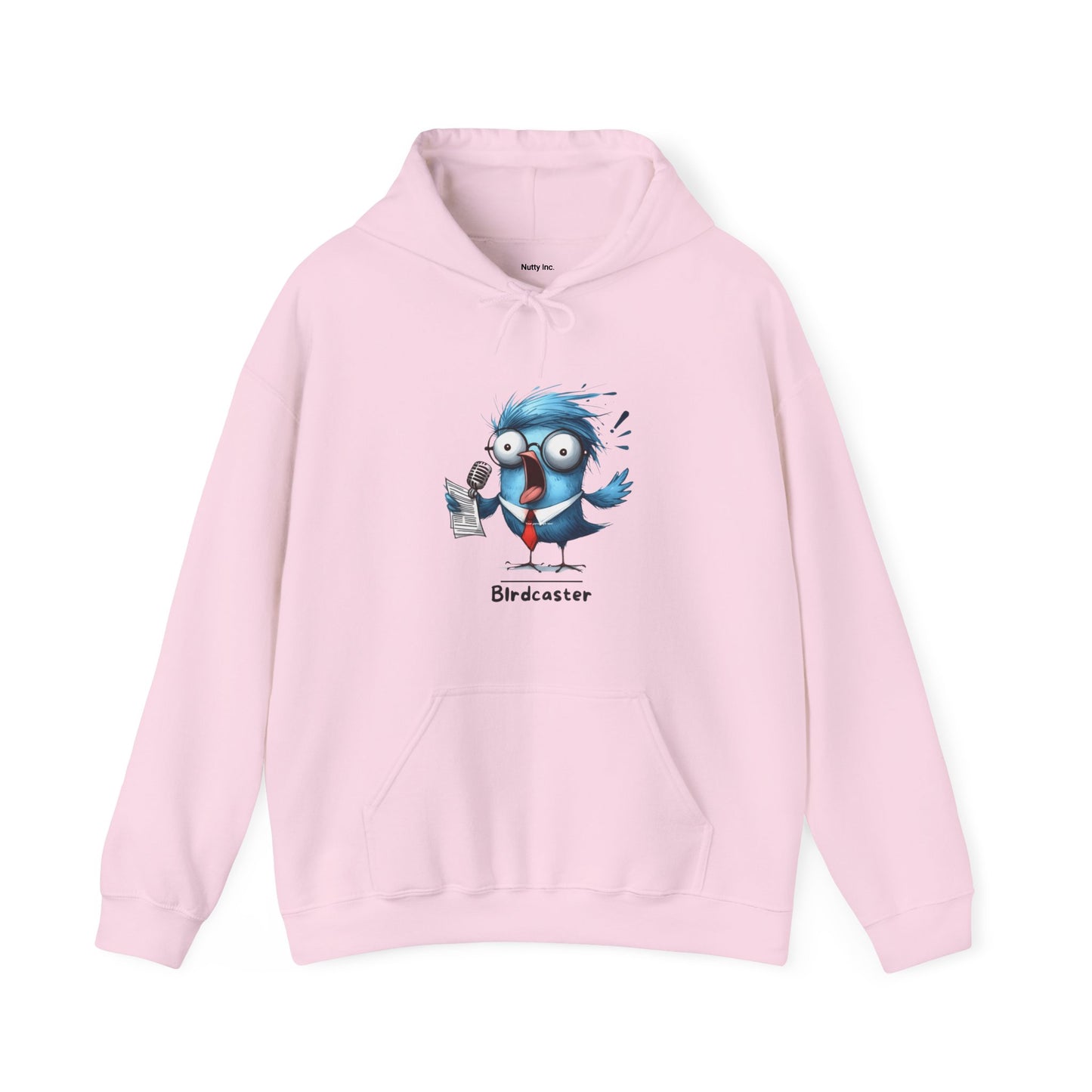 Light pink Printify funny bird hoodie with cartoon blue bird holding a microphone and paper