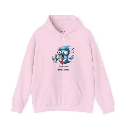 Light pink Printify funny bird hoodie with cartoon blue bird holding a microphone and paper