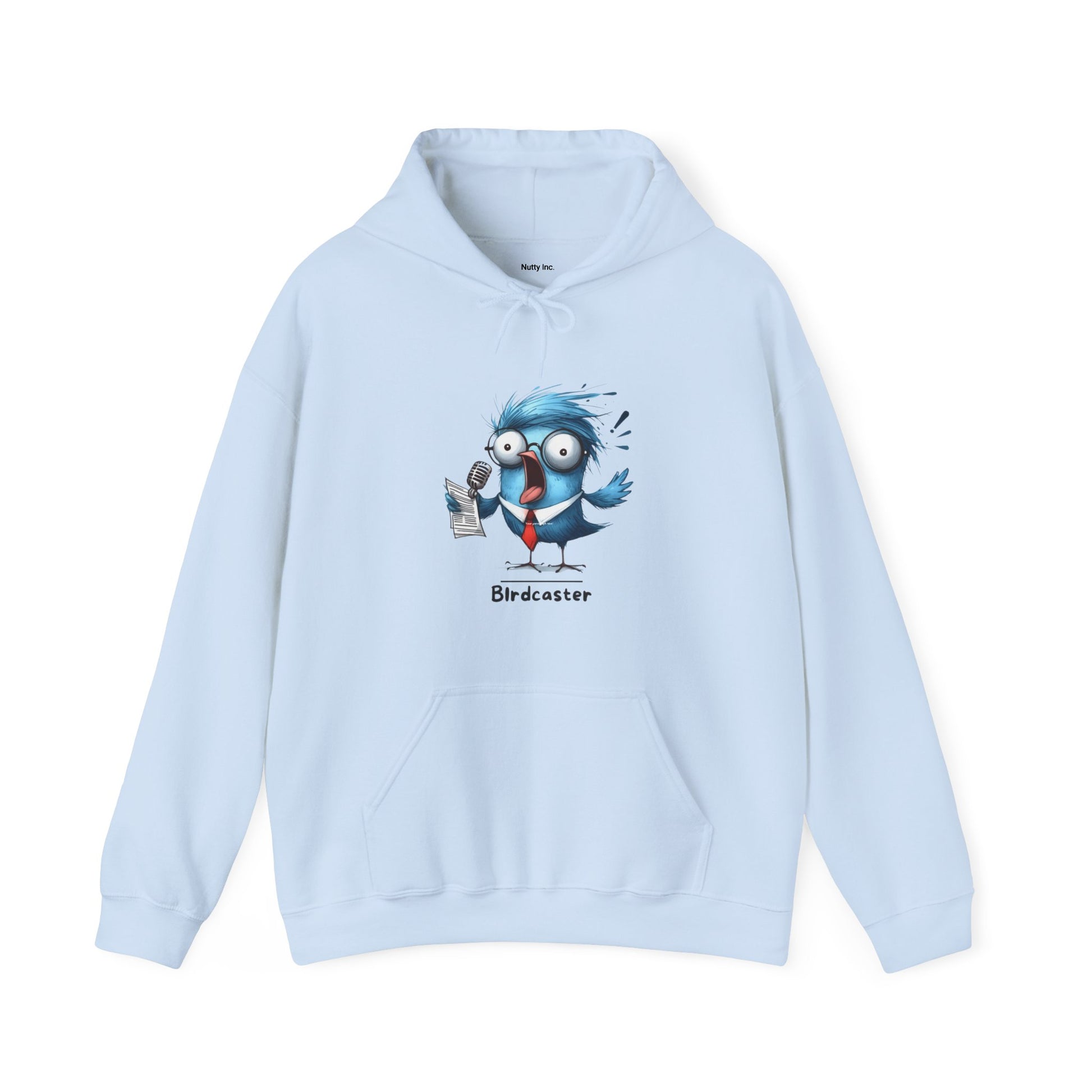 Light blue Printify funny bird hoodie with cartoon bird holding microphone and Birdcaster text