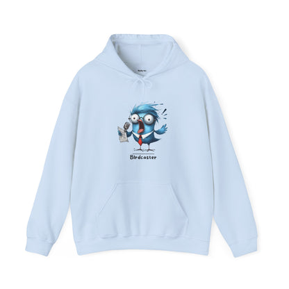 Light blue Printify funny bird hoodie with cartoon bird holding microphone and Birdcaster text