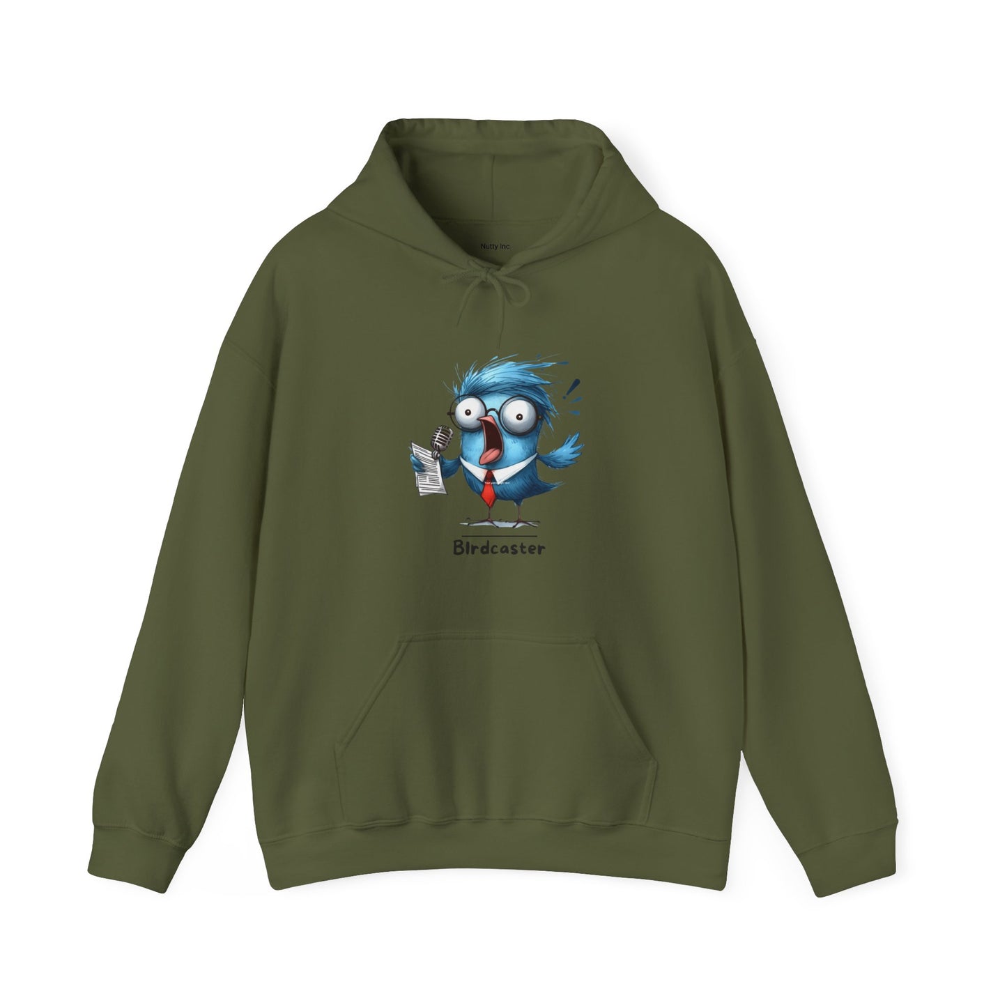 Olive green funny bird hoodie from Printify featuring a cartoon bird with glasses and a microphone