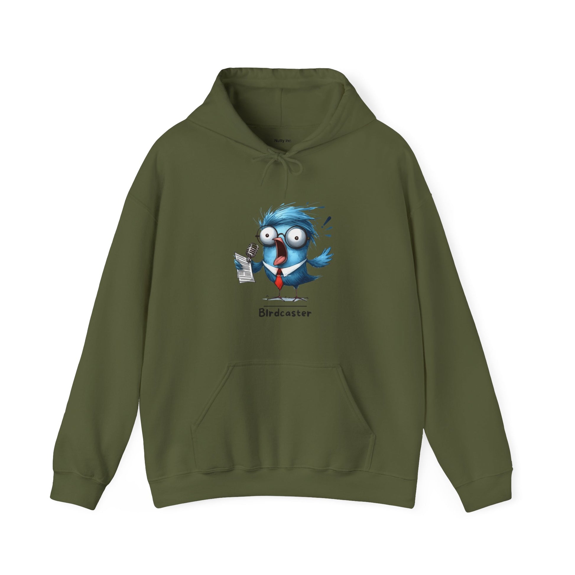 Olive green funny bird hoodie from Printify featuring a cartoon bird with glasses and a microphone