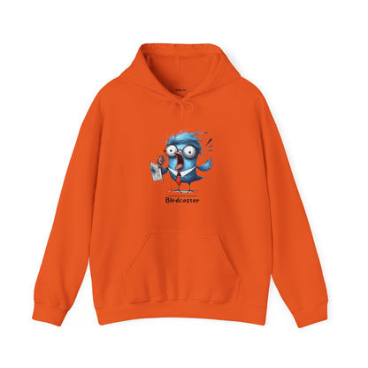 Orange funny bird hoodie with a cartoon blue bird holding a microphone and notebook from Printify