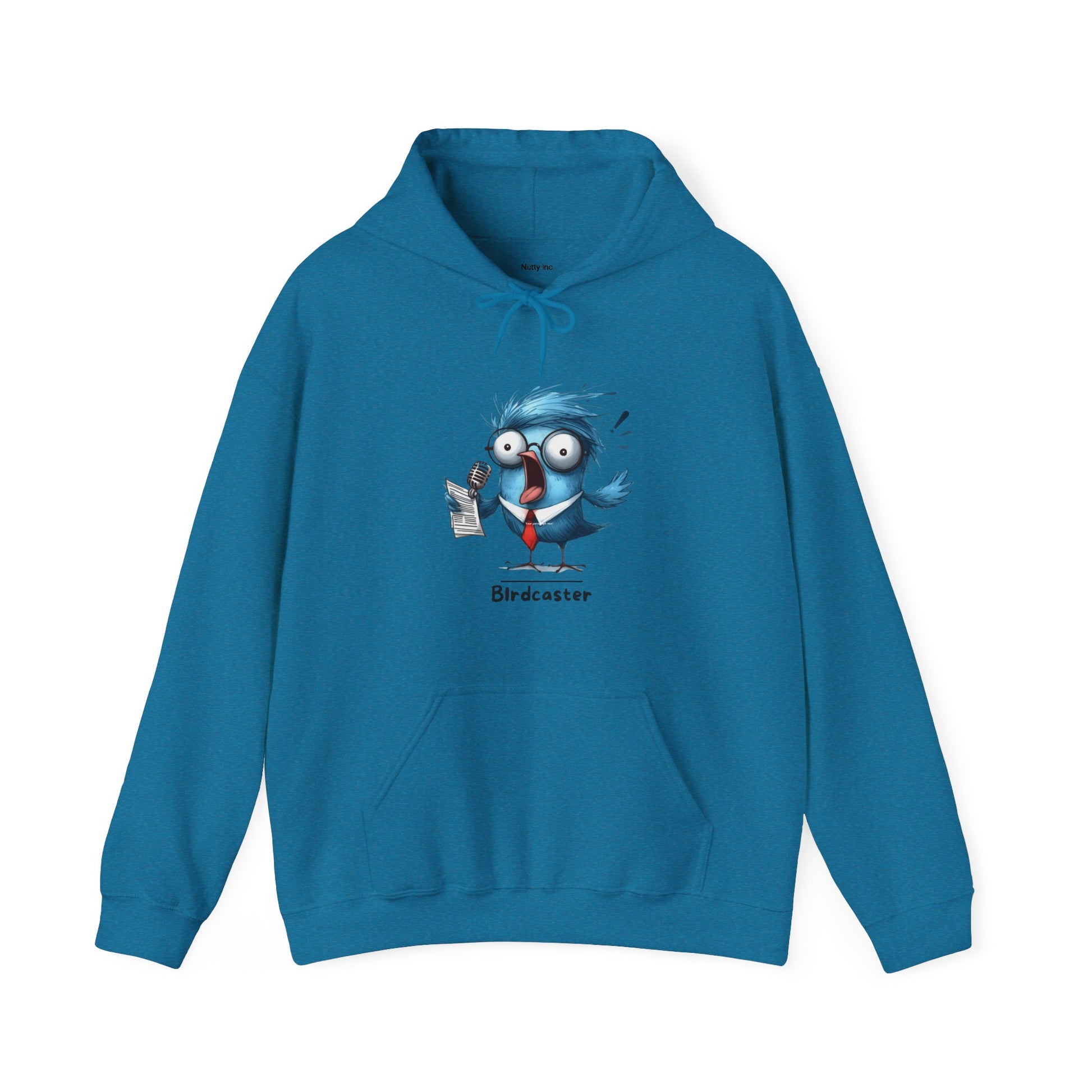 Printify funny bird hoodie in blue featuring a cartoon bird with glasses and a microphone