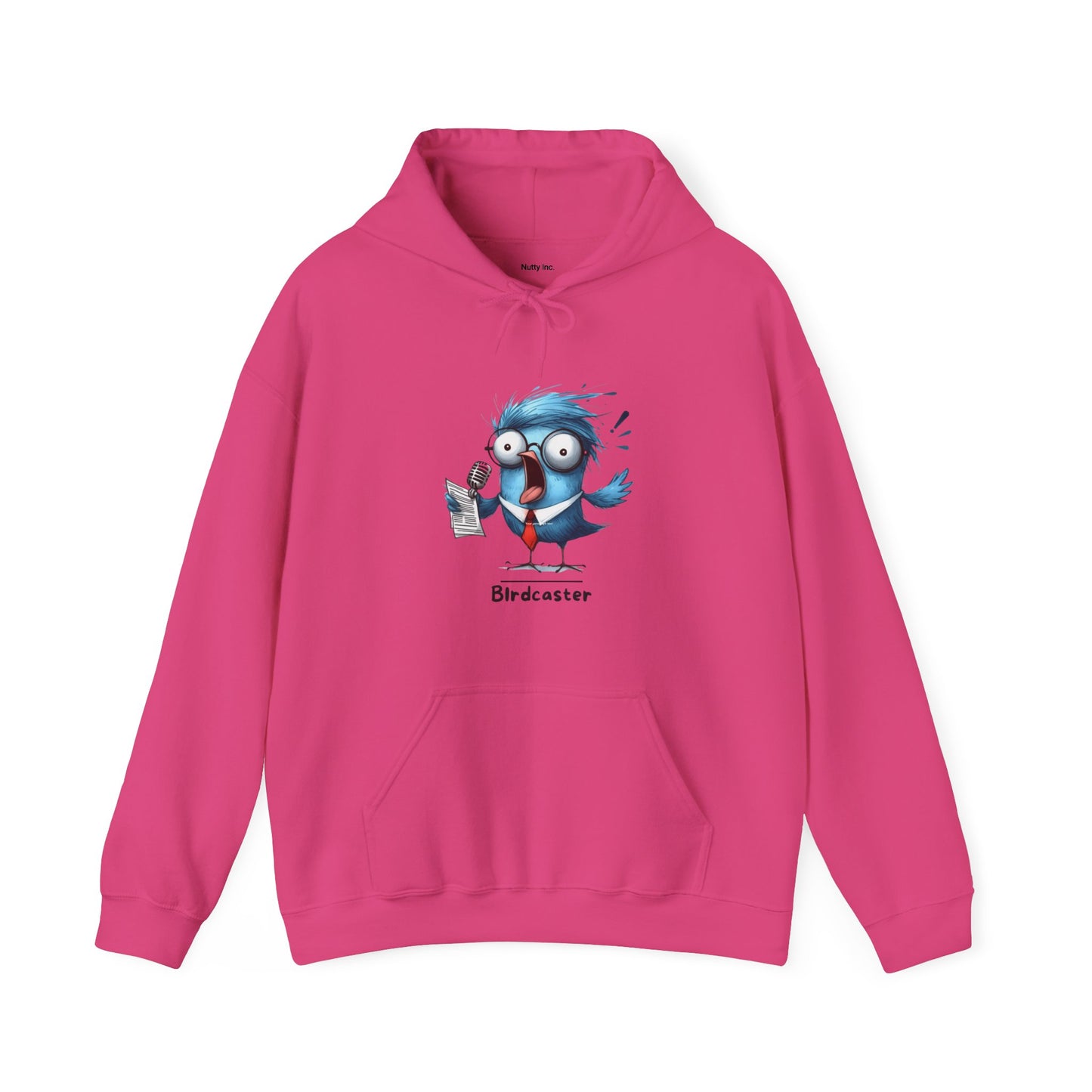 Pink Printify funny bird hoodie featuring a cartoon blue bird holding a microphone and paper